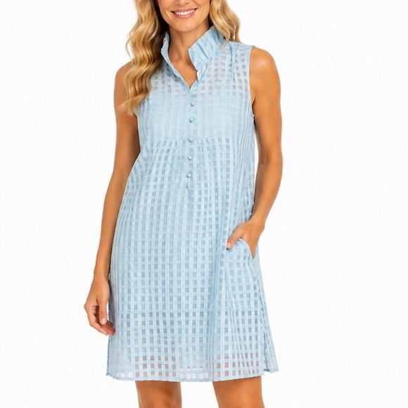 S'EDGE Dresses & Skirts - S'EDGE Blue Cotton Silk Ruffle Neck Sleeveless Shift Dress M